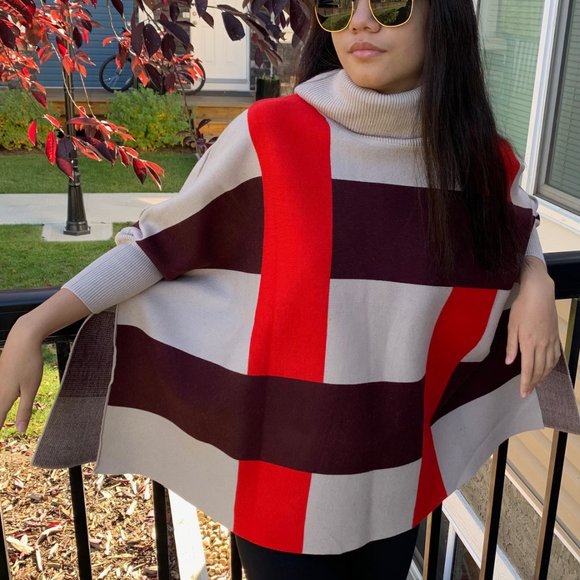 Women's Poncho with Turtle neck and Sleeves - Picture 4 of 6